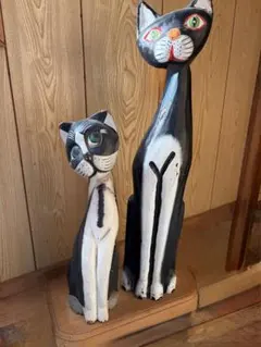 バリ　アジアン雑貨　エスニック　ネコ　猫　ねこ　木彫り　置物（大・小セット）