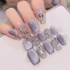 グレー系ネイルチップ 10PCS ラメ・ストーン付き