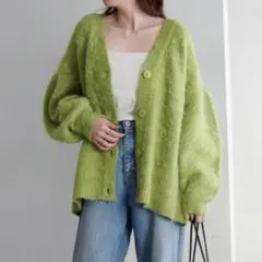 新品タグ付きDiscoat シャギーVカーディガン ピスタチオ Fサイズ