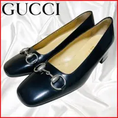 【GUCCI】美品グッチ ホースビッパンプス ローヒール ガラスレザー ブラック