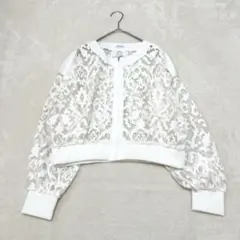 t503 良品✨リツコシラハマ 総柄シアーレースブルゾン 白 羽織り 個性的 春のサムネイル