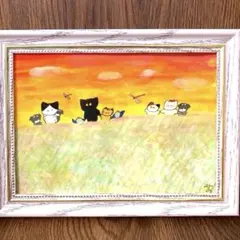 猫の絵 ネコの絵 手描きイラスト「夕焼けに染まる帰り道」