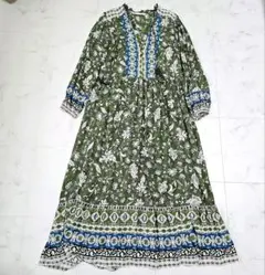 ZARA　ザラ　エスニックプリントワンピース　花柄　ロング　ゆっくり　グリーン