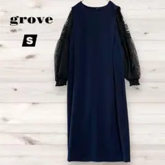【grove】異素材切替ワンピース 袖シアーレース オケージョン ネイビー S