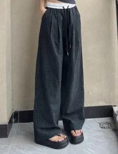チェック柄 ワイドパンツ イージーパンツ ブラック