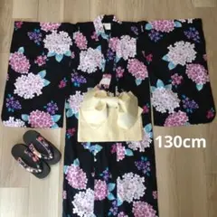 浴衣　作り帯　下駄　3点セット　黒ピンク　あじさい　130cm　女の子