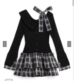 GRL チェック柄ドッキングワンショルダーリボンフリルニットワンピース