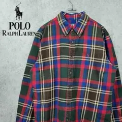【90s 古着】ポロ ラルフローレン チェック柄 刺繍 シャツ マルチカラー L