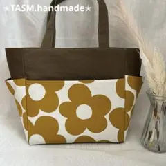 handmade♡サイドポケット付きトートバッグ　　Lサイズ・からし色花柄カーキ
