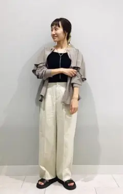 GU リネンブレンドタックワイドパンツ ベージュ オフホワイト 標準丈 M