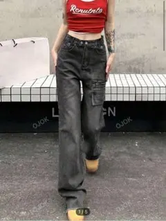 値下げ！SHEINシーイン☆無地柄ハイウエスト☆ワイドレッグジーンズ