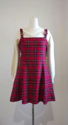【古着】赤チェック　ジャンパースカート　レディースサイズL　おまけ付
