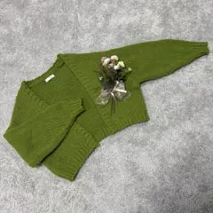 Helm ニット カーディガン ボレロ 長袖 ショート丈 グリーン MR