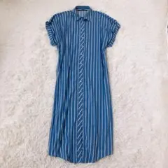 ZARA シャツワンピース　ロング丈　袖ゴム　ストライプ　綿混　ブルー　M-L
