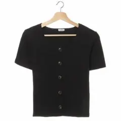 INGNI イング リブニットトップス べっ甲柄風ボタン ブラック 半袖Mサイズ