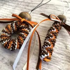 【カヒコカラー】リボンレイストラップ2個　オレンジ＆ブラウン　ハンドメイド
