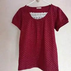 petite flute レース＆ラメ装飾 ワインレッド 半袖Tシャツ Mサイズ