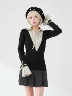 ꒰ Darich シャツドッキングプリーツミニワンピース ブラック ꒱