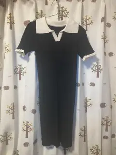 ブラック ポロカラー 半袖ミニワンピース