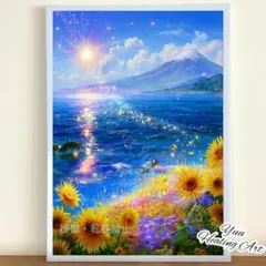 富士山とひまわりNo.34　開運 太陽 金運 幸運 ヒーリングアート