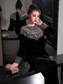 ビーズ刺繍 ブラックベルベット パーティードレス