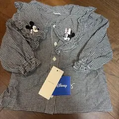 ミッキー＆ミニー刺繍　黒白　ギンガムチェックシャツ 100cm