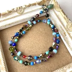 テグスで作ったいろいろビーズのネックレス　ダーク系③　ブルー多め
