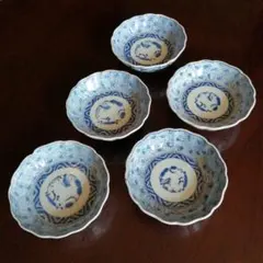 A1474-6/在銘/染付山水楼閣人物図銘々皿5客/飾皿/向付/盛皿/懐石道具