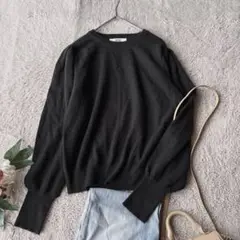 美品(M)長袖ニット/セーター/黒/プルオーバー/ワールド/袖リブ/シンプル