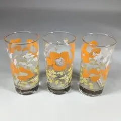 【昭和レトロ】花柄ガラスコップ3客セット／オレンジポピー風デザイン