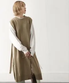 美品◆Chillfar 天竺編みサイドリボンロングニットベスト モカ チルファー