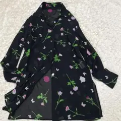 ハナエモリ 長袖 チュニック丈　花柄　シアーブラウス M 日本製