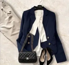 紺ブレ金ボタン×ボウタイ×美脚パンツ 通勤コーデ3点 M 春夏 イング