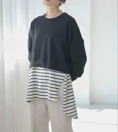 レイヤードデザイン 長袖Tシャツ 黒・白ストライプ　重ね着　ロンT 2点セット