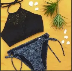 PEAK＆PINE ハイネックビキニ レース エスニック M ブラック