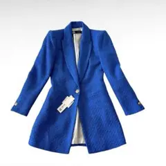 【タグ付き未使用】ZARA ツイード ロングジャケット S ブルー 金ボタン