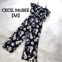 セシルマクビー オールインワン M 紺 肩出し 花柄 サロペット ワイドパンツ