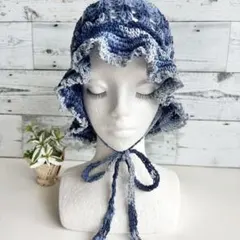 188 ひらひらブリム帽子 クロシェ バケットハット 青グラデ 綿100％