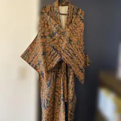 正絹　紺色オレンジ花柄紬着物