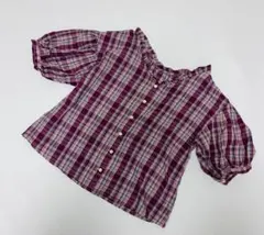 レディースブラウス 前後2WAY Vネック パフスリーブ 綿 5分袖 ギンガム