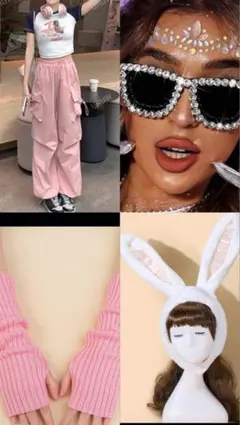 ピンクカーゴパンツとビジューサングラスセット