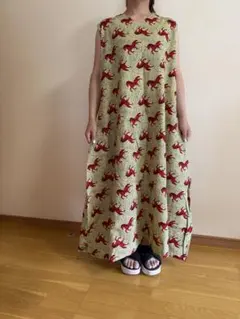 馬柄ワンピースハンドメイドアフリカ布Aラインロングワンピース