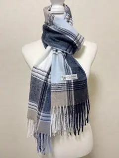 100%パシュミナカシミヤ 大判ストールチェック柄/軽量•あたたかいブル系
