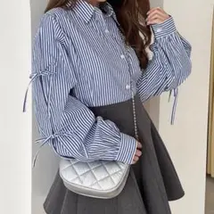 ストライプ柄リボンスリーブシャツ