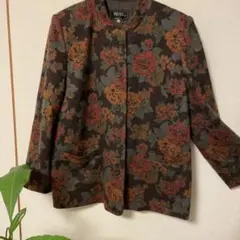 極上 シルク 絹 ウール ジャケット M L 花柄 2way スタンドカラー 