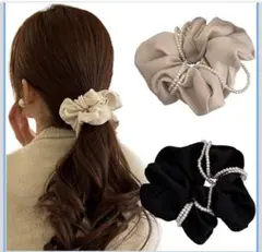 パール付き　サテンヘアゴム　贅沢シュシュ　 2点セット
