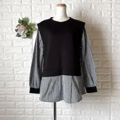 a1633 美品シューラルー ギンガムチェック重ね着風プルオーバー黒Mチュニック