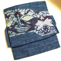 化繊　作り名古屋帯　くすみ大人ブルーにデフォルメ花鳥