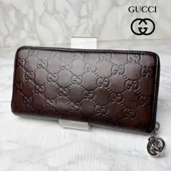 09 極美品 GUCCI シマ 長財布 ダークブラウン ラウンドファスナー o3