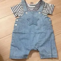 デニムロンパース ストライプシャツ付き